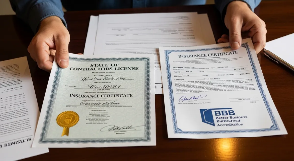 Roofing contractor license, insurance certificate, and BBB accreditation documents on a desk