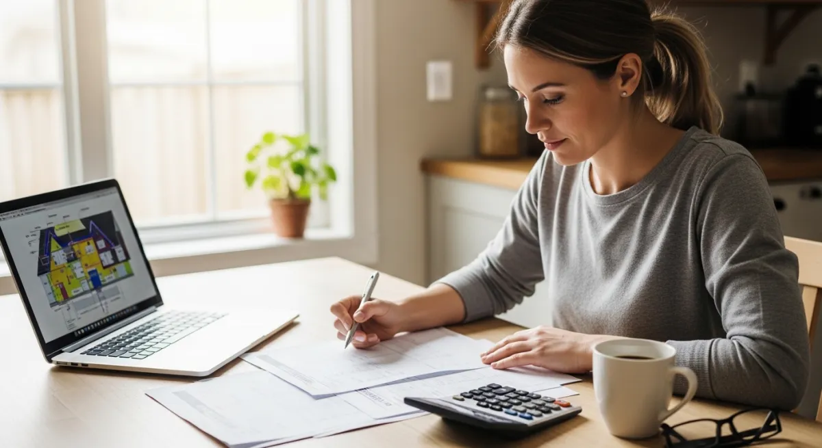 Homeowner reviewing a roof replacement estimate at kitchen table with calculator and laptop
