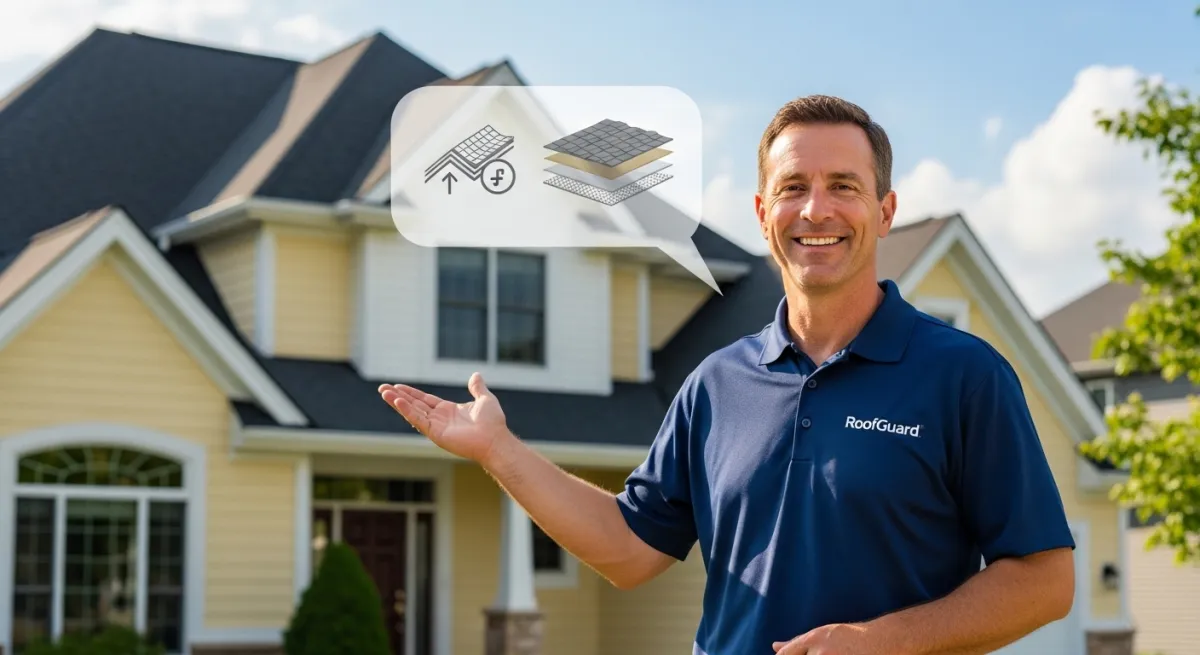 Friendly roofing expert in company polo explaining roof replacement options in front of a house
