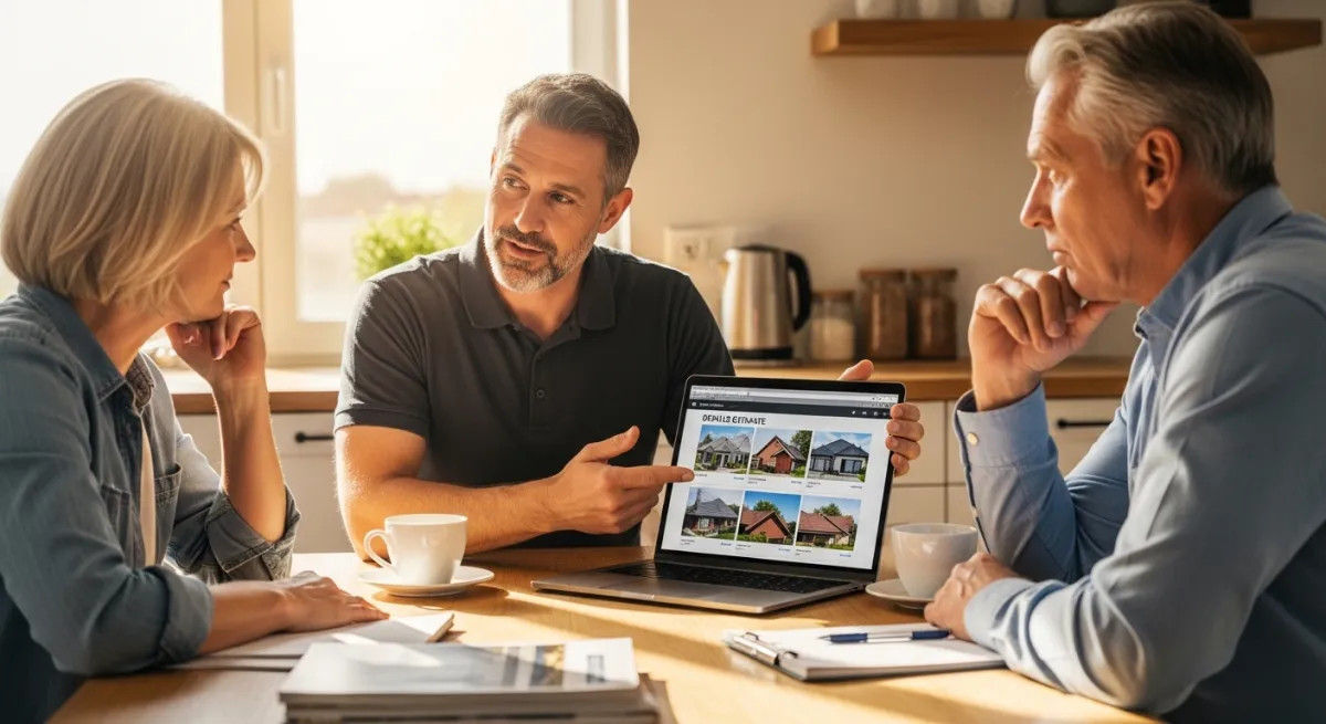 Friendly roofing consultant showing homeowners a detailed roof replacement estimate on laptop at kitchen table
