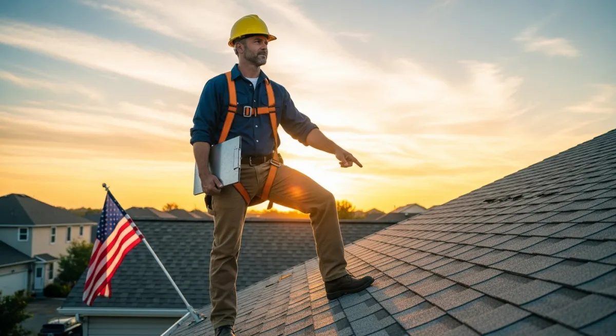 Professional roofing contractor inspecting a roof at sunrise with clipboard and safety harness