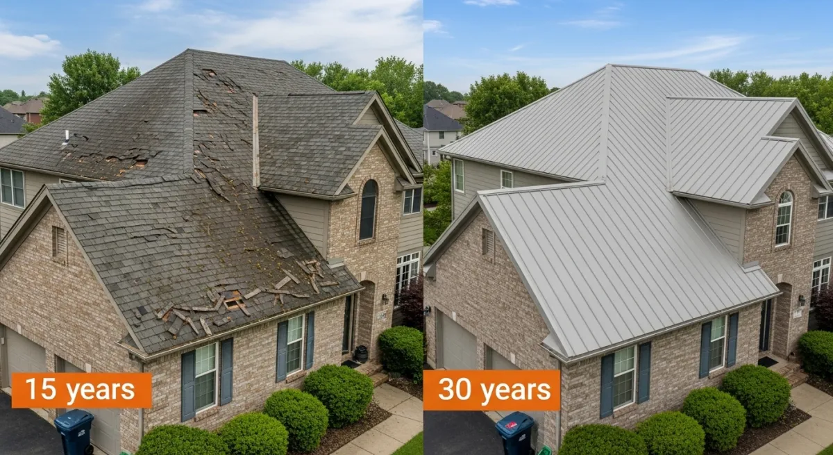 Collection of metal roofing samples in fan pattern showing standing seam, corrugated, metal shingles, and stone-coated steel