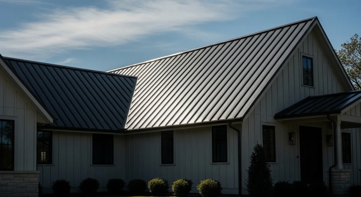 Modern farmhouse with dark standing seam metal roof panels catching sunlight against blue sky