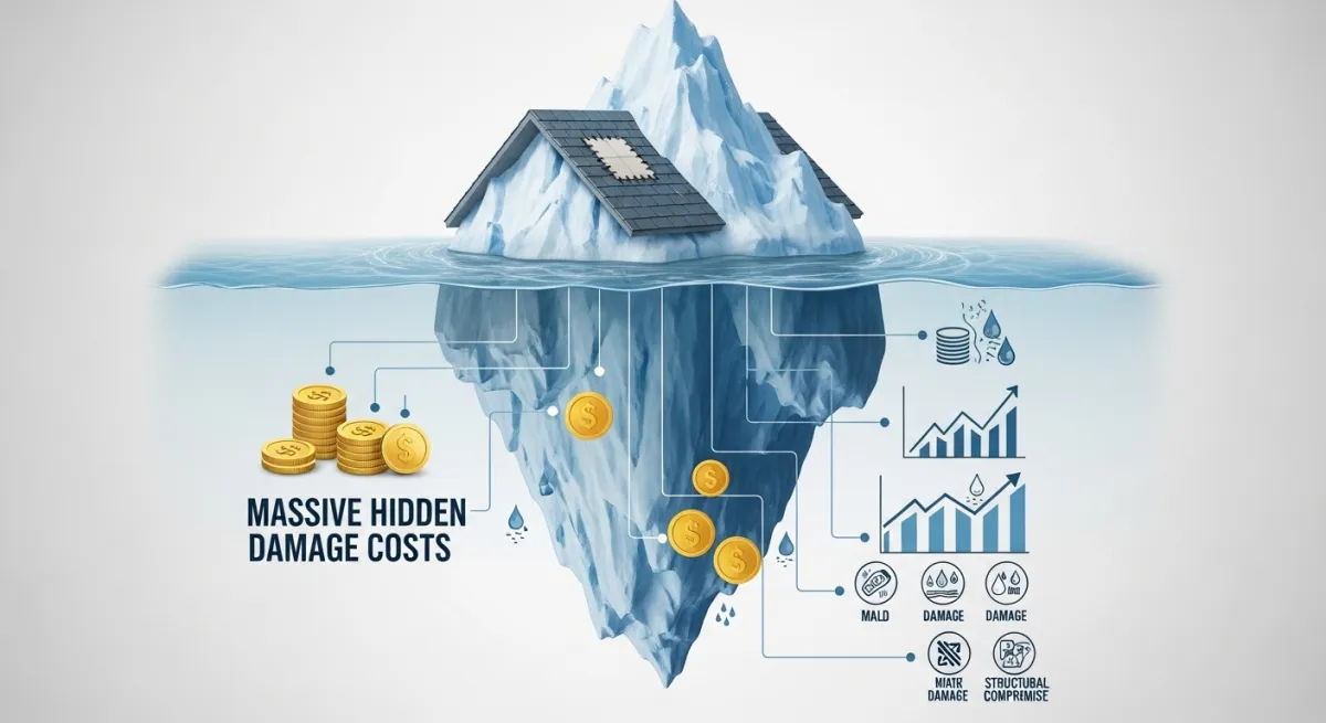 Roof shaped like iceberg showing small visible patch on top and massive hidden damage costs below the surface
