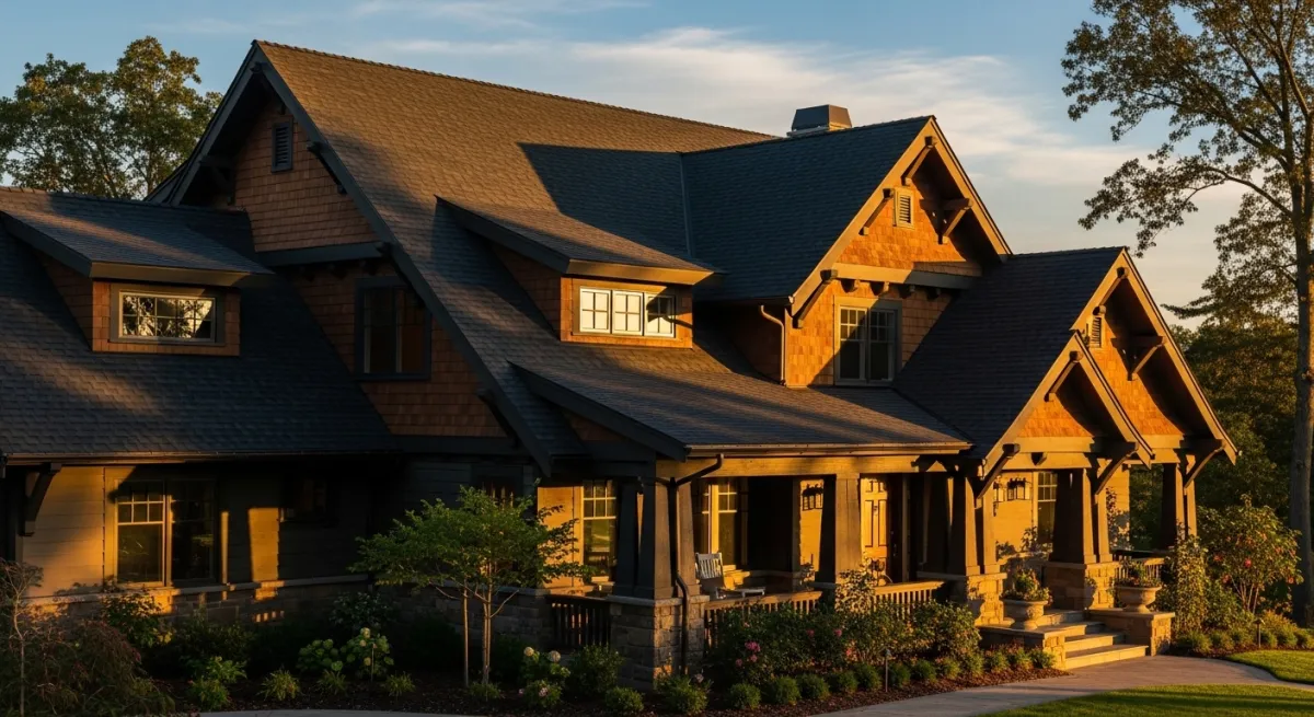 Craftsman style home with dark charcoal architectural shingle roof showing dimensional texture and shadow lines