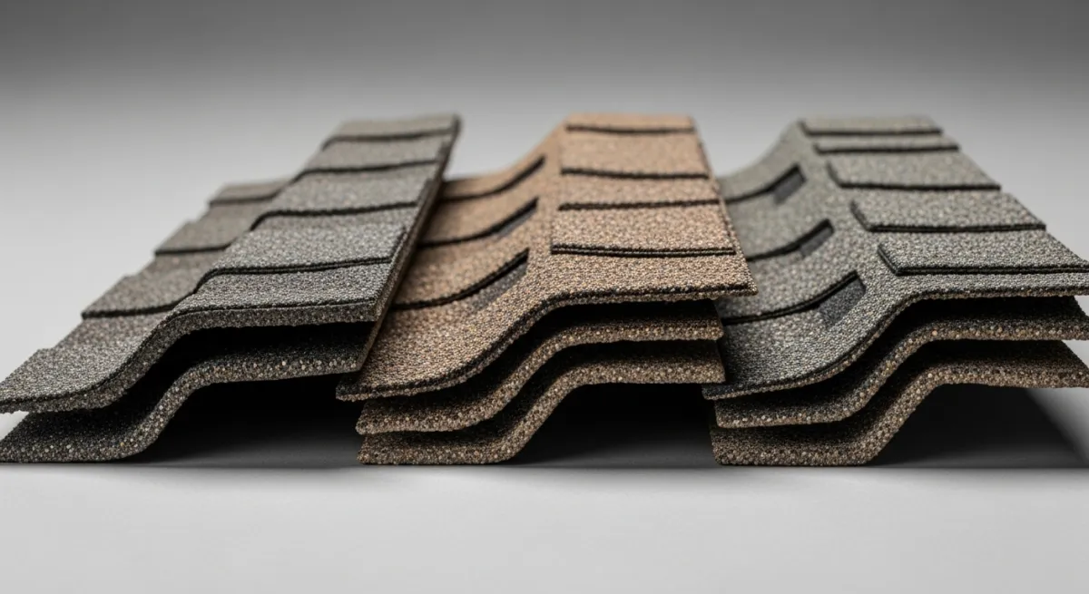 Close-up comparison of three asphalt shingle types: 3-tab, dimensional architectural, and premium designer shingles