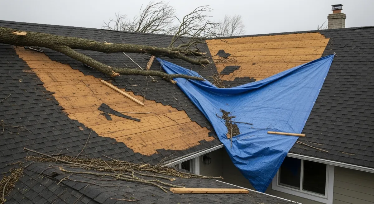 House with severe wind damage showing large section of shingles torn off and exposed roof decking with emergency tarp