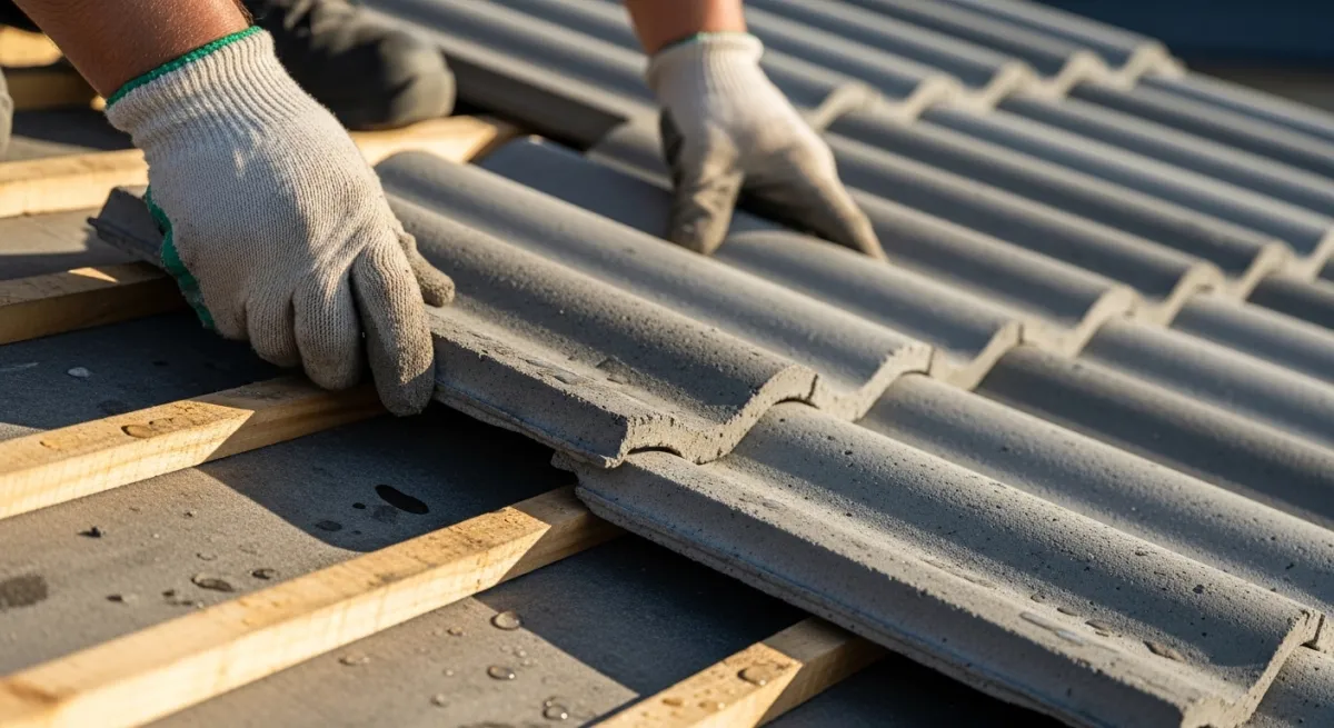 Roofer carefully placing concrete roof tiles on battens showing interlocking installation mechanism