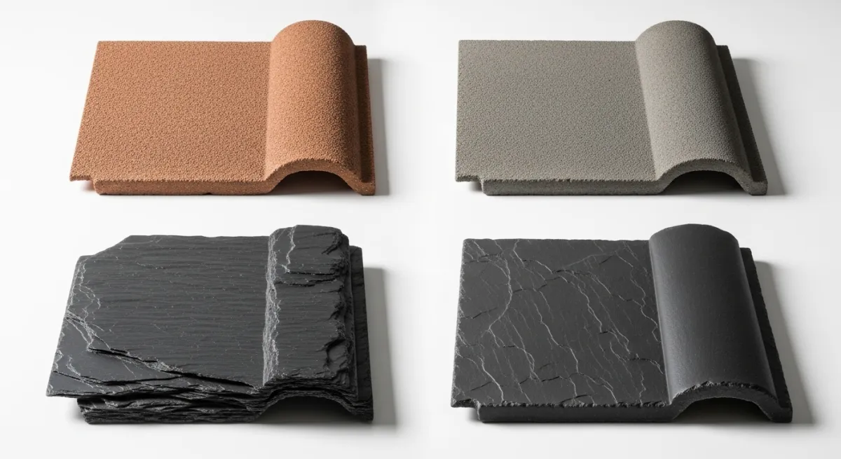 Four types of roof tiles: natural clay, concrete, natural slate, and synthetic slate showing color and texture differences
